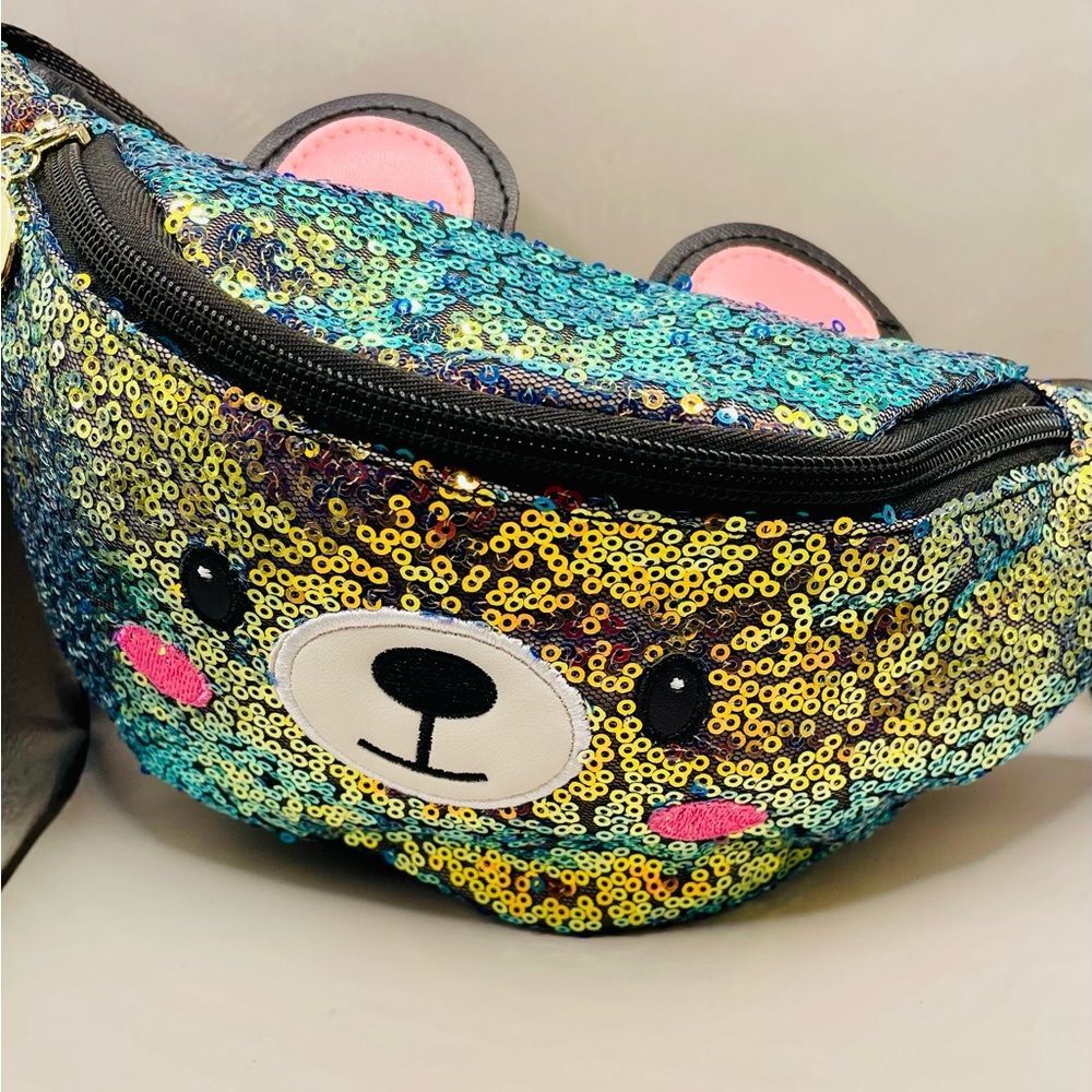 Aolina waist bag glitter sequin fanny pack teddy bear bag. Adjustable to 33 inch
